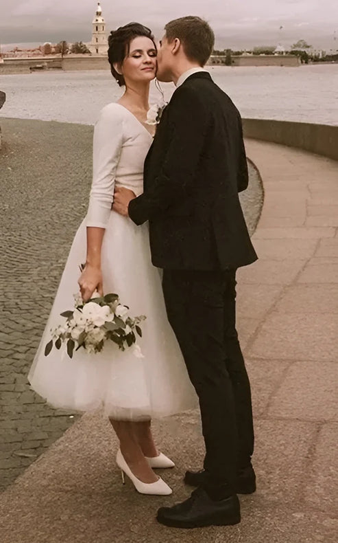 Luolandi Vintage Short Casual Simple Long Sleeve A-line Tea-length Plunging Neckline Satin Wedding Dress